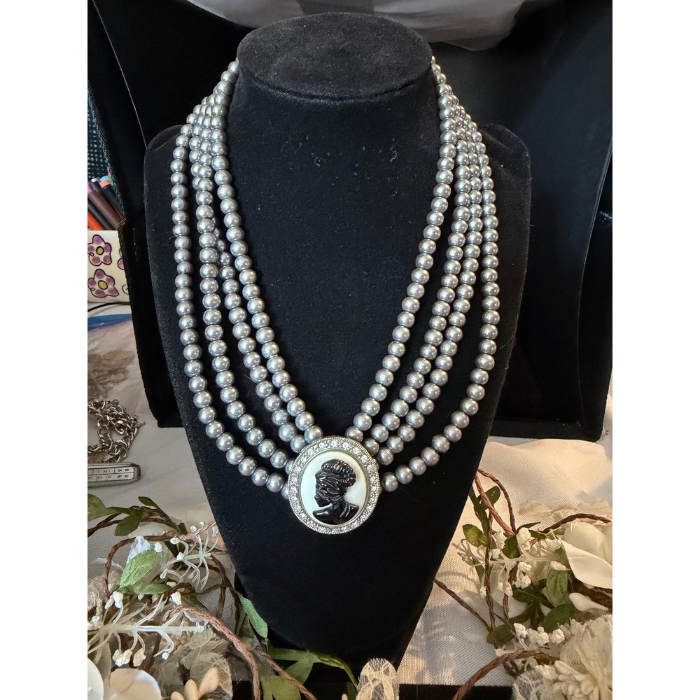 Vintage Style Grey Faux Pearl Multi Strand Cameo Rhinestone Statement Necklace